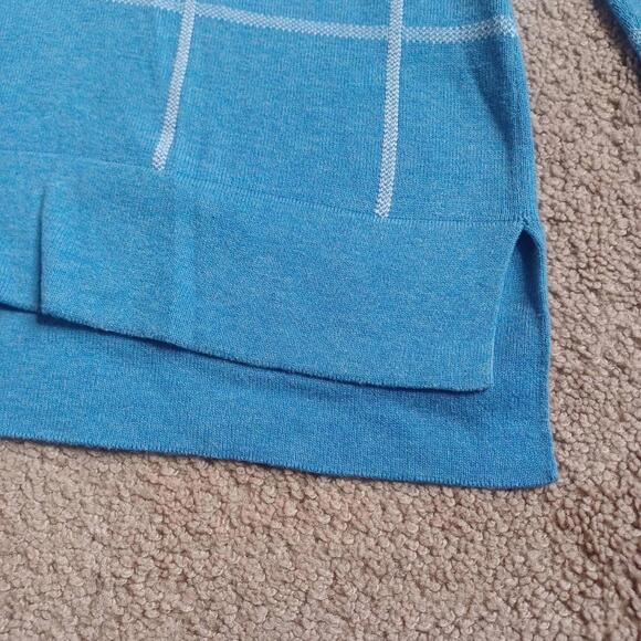 Lands End Plaid Split Hem Sweater Womens M 10-12 V-Neck Blue Nautical Check - Picture 3 of 8